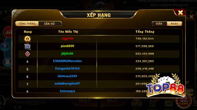 Bảng xếp hạng Đua Top Tài Xỉu Top88 được cập nhật minh bạch theo thời gian thực