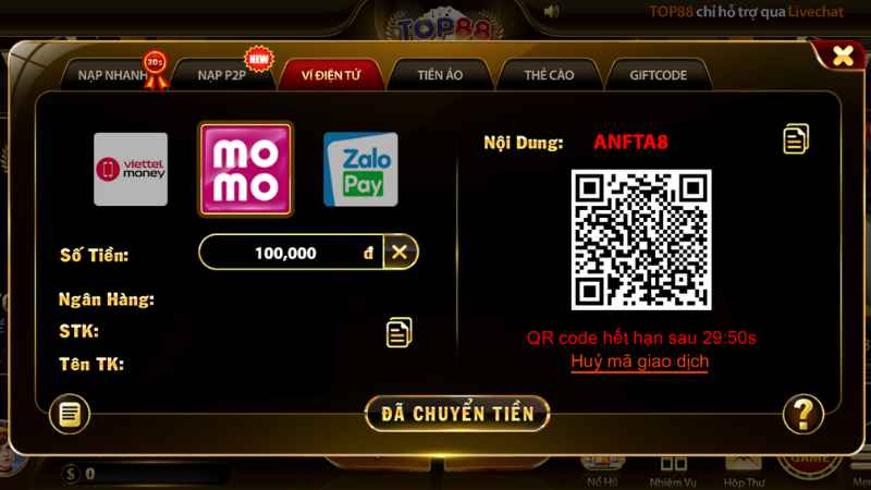 Quét mã QR code MoMo để nạp tiền nhanh chóng